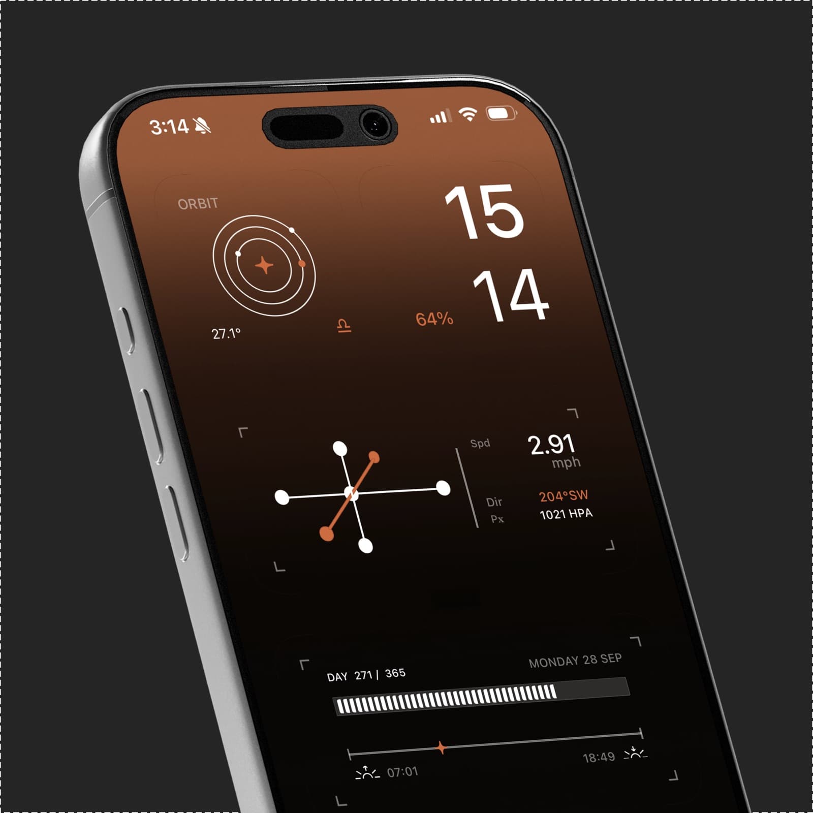Ember home screen with orbit, time and axis widgets
