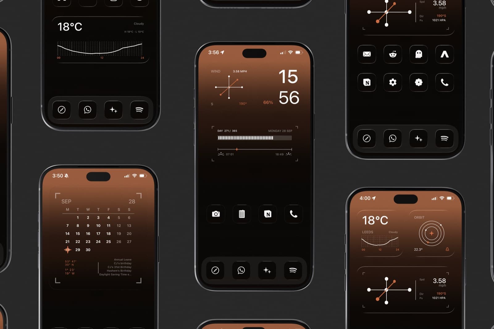 Ember home screens with calendar, weather and daylight widgets